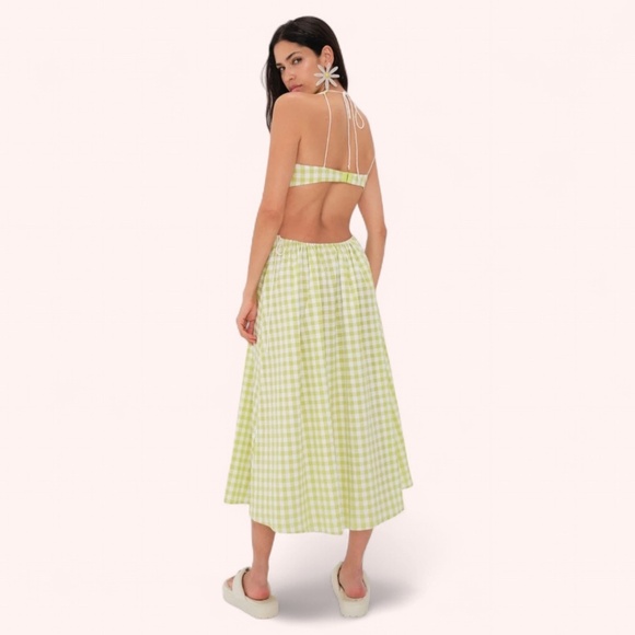 For Love & Lemons Green Gingham Halter Cut Out Maureen Midi Dress NWY Size L - Picture 2 of 10